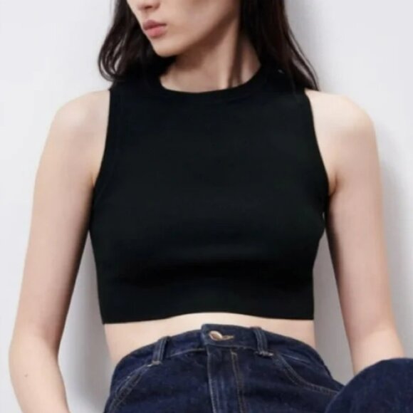 Zara Ribbed Knit Round Neck Sleeveless Crop Muscle Tank Top in Black - Picture 3 of 15
